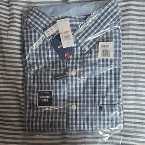 Izod Men's Blue and White Plaid Button-Down Shirt